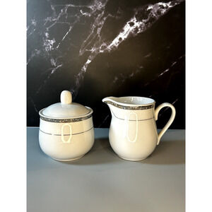 Gibson Ceramic Sugar & Creamer White with Silver Trim